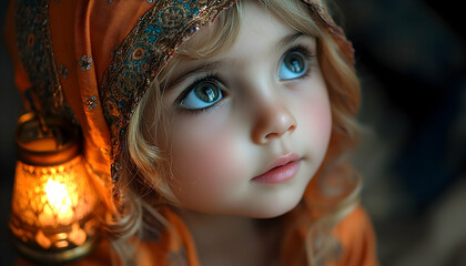 Fototapeta premium A young girl in an orange hood gazes upward, illuminated by a soft lantern glow in a cozy setting