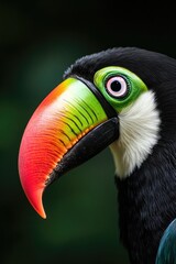 Vibrant toucan features striking multicolored beak and expressiv