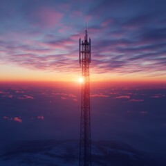 Sunset Radiance: A Cell Tower Silhouetted Against a Vivid Sky of Clouds and Color