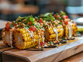 Delicious street food: Corn with assorted toppings on wooden board