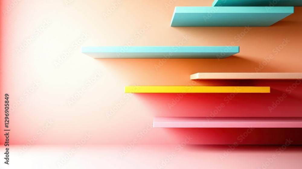 Poster a minimalist design featuring colorful shelves with soft shadows, creating a harmonious aesthetic in