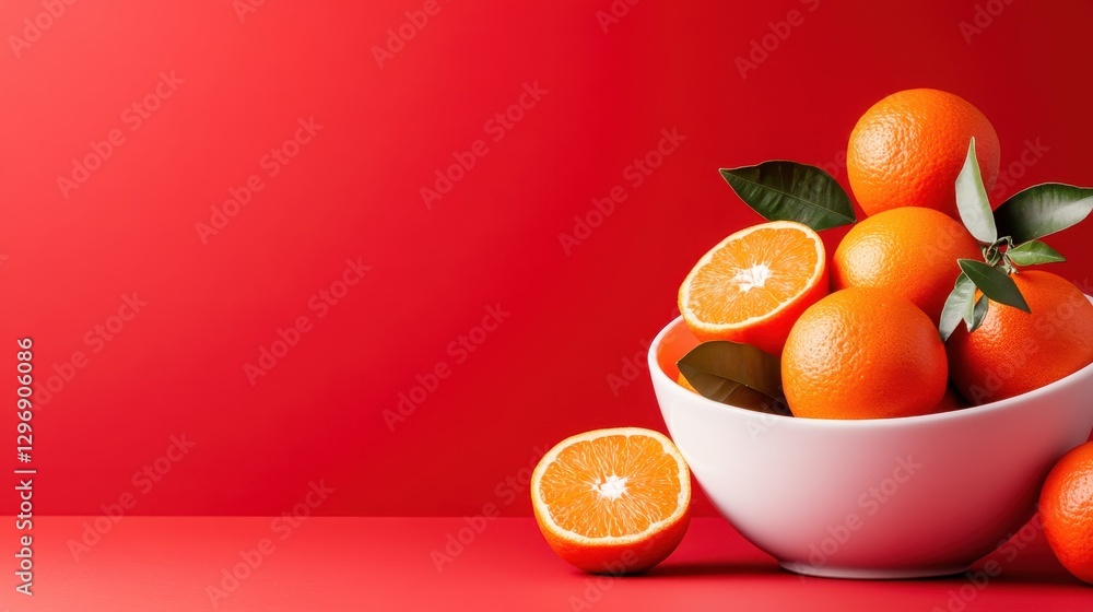 Poster an artistic portrayal of fresh oranges with a slice laid beside them, emphasizing their texture and 