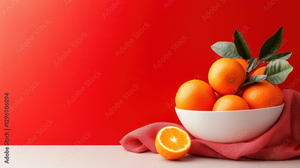 Poster a beautiful composition featuring a bowl of oranges adorned with lush green leaves, creating a color