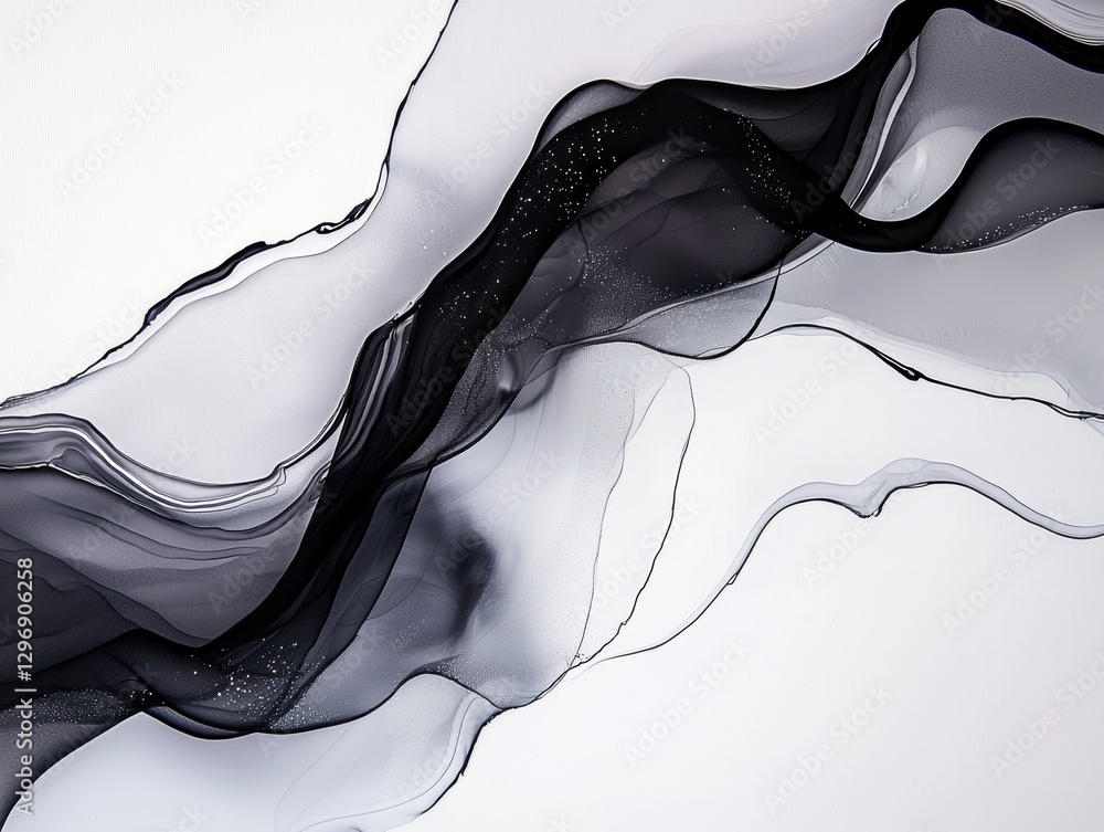 Poster abstract ink-in-water textures creating delicate fluid movements in a soft monochrome palette