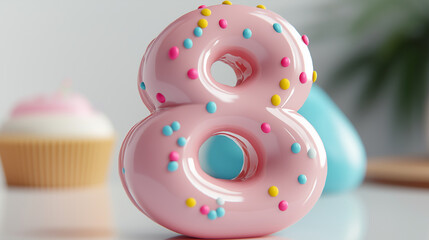 Pink number eight shaped donut celebrating women's day with cupcake