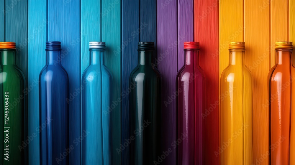 Poster an artistic arrangement of colorful glass bottles lined up in a gradient of hues, creating a strikin
