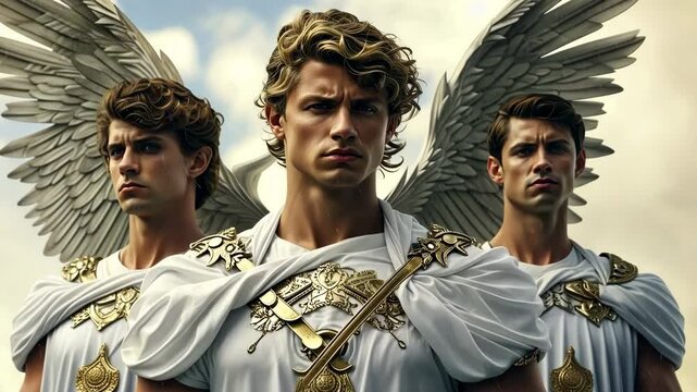 Three Angels dressed in white in the clouds in the sky they are ready for action 4K