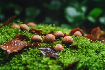 Mossy surface adorned with acorns and autumn leaves creates sere