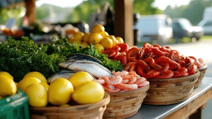 A tempting display of fresh seafood featuring vibrant shrimp, fish, and lemons, set against a rustic backdrop reminiscent of bustling markets and coastal living.