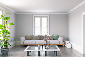 A modern living room with a gray sofa, wooden table