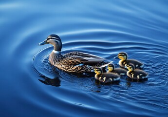 Mother duck swimming gracefully with her adorable ducklings in serene blue water during a sunny day, showcasing nature's beauty and family bond