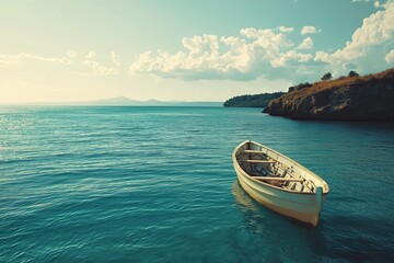 Small Wooden Boat on Calm Sea: Vast Ocean Scenery with Bright Sunlight and Warm Color Tone