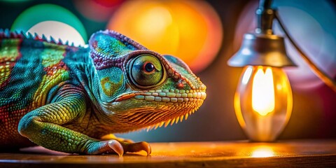 Fototapeta premium Vibrant Chameleon Close-up: Bokeh Desk Lamp, Modern Interior