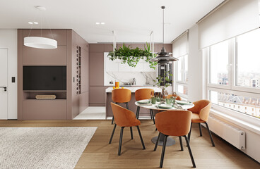 A modern kitchen and dining area