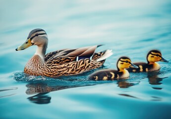 Fototapeta premium Mother Duck Swimming with Adorable Ducklings in Calm Blue Water, Showcasing Nature’s Beauty and Family Bonding