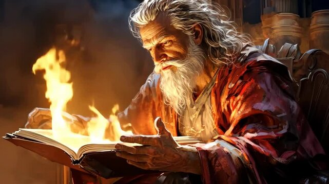 Prophet of God reading ans studying the Holy Scriptures with fire effects 4K