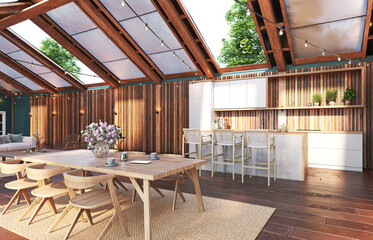 An open kitchen and dining area