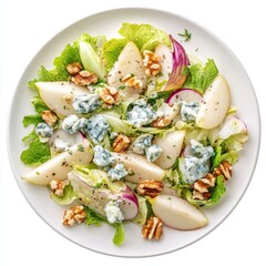 Luxurious 4K topdown view of Endive Salad with blue cheese walnuts and pear in natural light