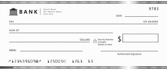 Blank bank check, checkbook cheque template with blue guilloche, vector mockup. Money payment bank check voucher or pay cash cheque certificate, account bill paycheck	