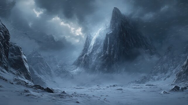 A dramatic landscape of snowy mountains and stormy skies