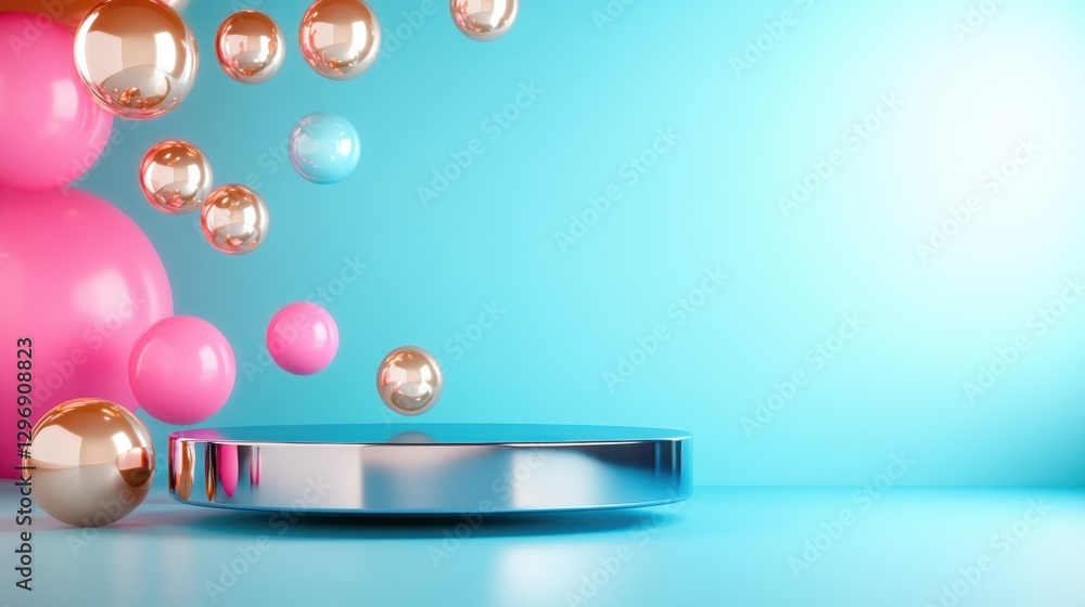 Poster this image features a captivating arrangement of colorful spheres and an elevated platform, creating