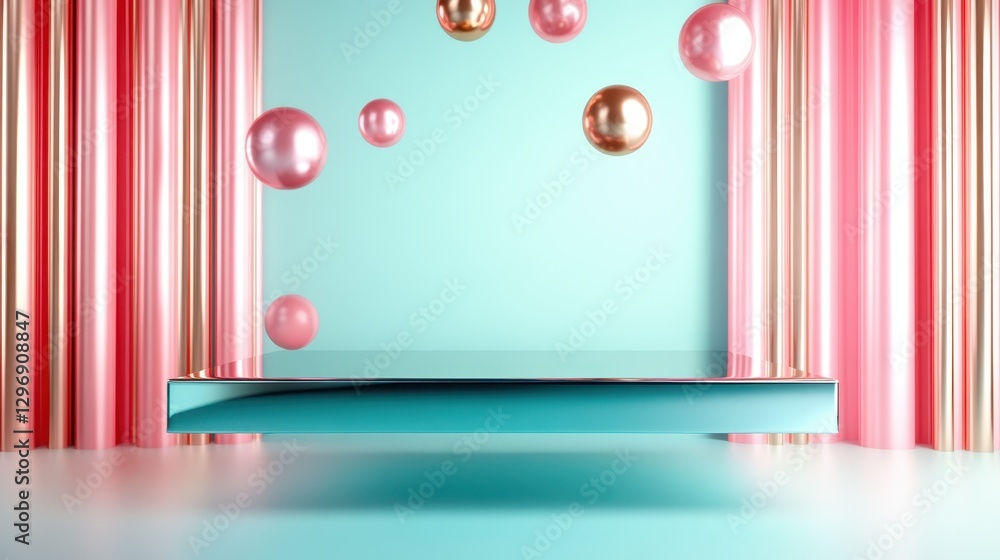 Poster a minimalistic setting with a reflective surface and colorful floating bubbles that evoke a sense of