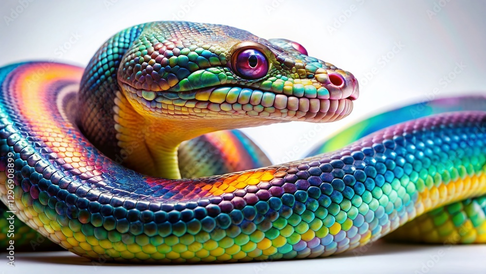 Poster vibrant colorful python snake with vivid scales on white background - stock photo
