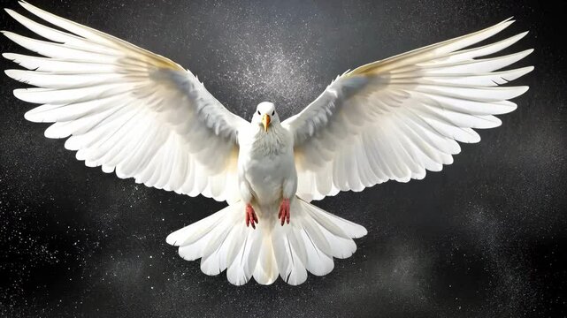 A white dove with open wings symbol of the Holy Spirit on black background 4K