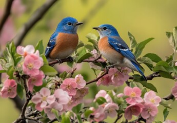 Obraz premium Pair of Eastern Bluebirds Perched on Blossoming Branches in a Colorful Spring Garden Scene Amidst Pink Flowers and Soft Green Background