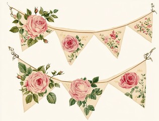 Decorative vintage floral bunting with roses and green leaves for celebrations