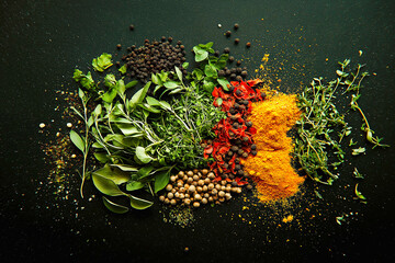 Selection of spices herbs and greens on black top view.
