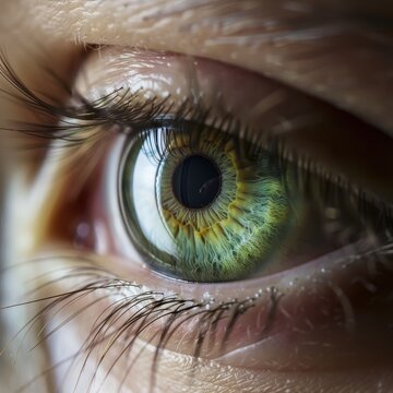 Detailed close-up of green human eye showing intricate iris patterns and reflections of light in natural soft lighting.