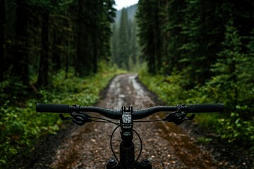 Mountain biker navigates a wet dirt path in a forest. Nature, outdoors use