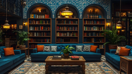 Cozy reading nook featuring blue sofas and a vibrant bookshelf in an inviting caf? setting