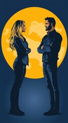 Couple standing, facing each other, moonlit night scene. Possible use stock photo