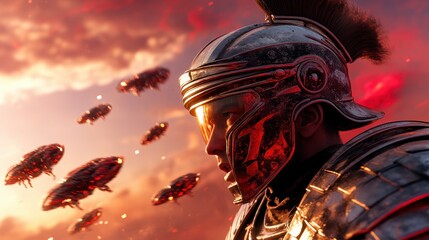 A futuristic warrior is depicted in a gripping standoff with an alien swarm, serving as a metaphor for humanity's resilience in the face of overwhelming odds and chaotic forces.