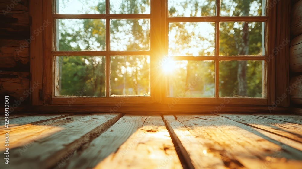 Aufkleber this image captures golden sunlight filtering through wooden windows, creating a warm and inviting a