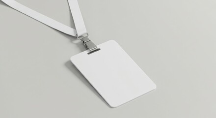 A blank white ID badge with a metal clip and a lanyard lies on a smooth surface. The minimalist design makes it perfect for conferences, events, office use, or identification purposes.
