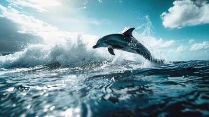 Fototapeta premium Energetic dolphin leaping from ocean waves in bright natural daylight