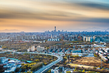 The urban context of Beijing outlined by the expressway in Beijing, China in the evening