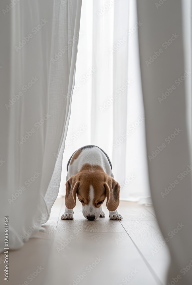 Poster playful beagle puppy exploring home environment under sheer curtains with natural light creating sof