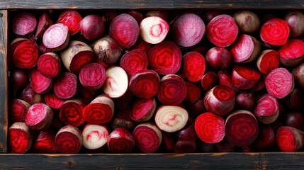 A vibrant collection of freshly harvested beetroots arranged in a wooden crate, showcasing various hues of red and white with intricate patterns, perfect for healthy lifestyle visuals.