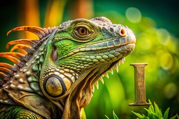 Fototapeta premium Vibrant Green Iguana Portrait with Stylized Letter I Background - Stock Photo