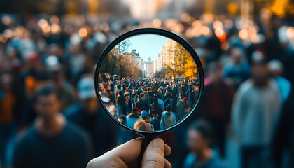 Businessman is studying a crowd of people with a magnifying glass. Hr search candidates for work, staff recruiting.
