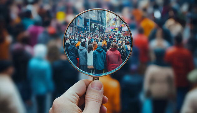 Businessman is studying a crowd of people with a magnifying glass. Hr search candidates for work, staff recruiting.