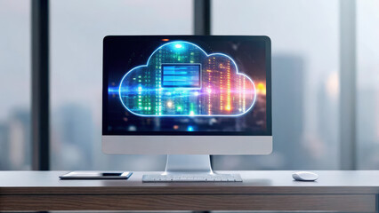high tech holographic cloud interface displayed on modern computer screen, showcasing vibrant data visualization and technology