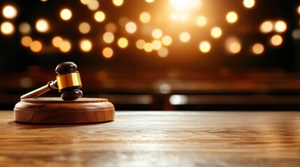 A classic gavel rests on a wooden surface in a courtroom setting, symbolizing justice and authority, evoking the solemnity of legal proceedings.