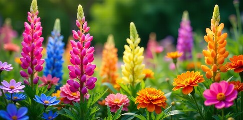 Obraz premium Colorful summer garden with lupines, peonies, and marigolds, nature, landscape
