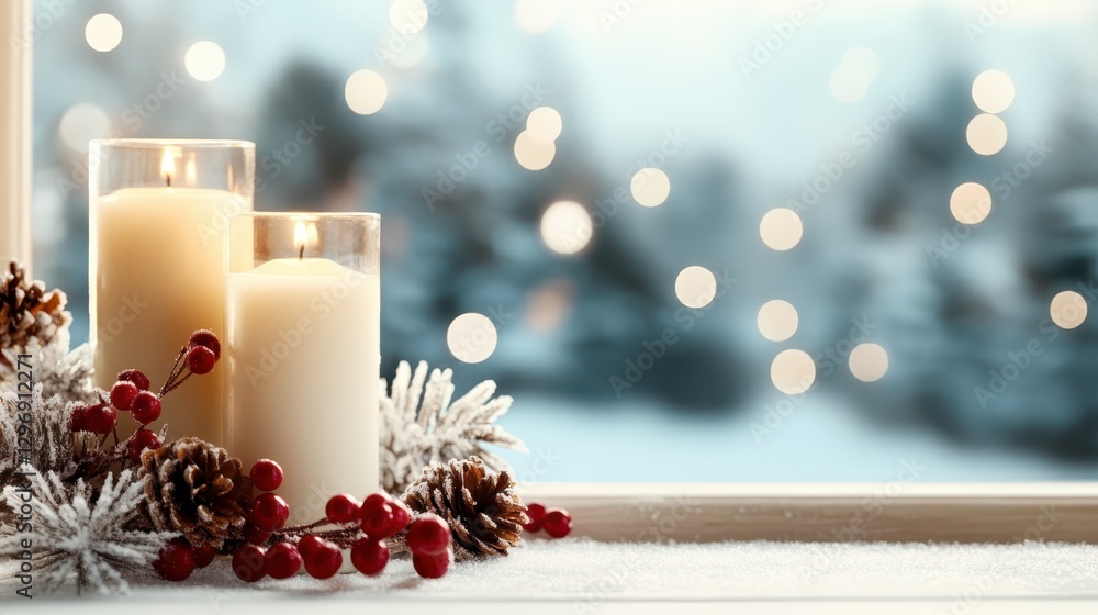 Poster emphasizing soft bokeh lights in the background, this image showcases candles accompanied by pinecon