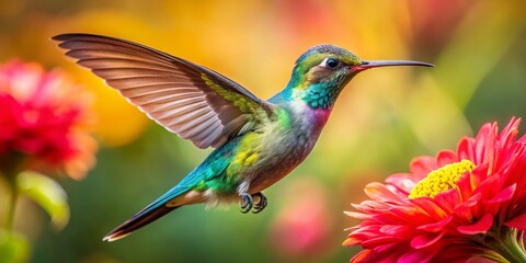 Fototapeta premium Vibrant Hummingbird Hovering Near Colorful Flower - Stunning Nature Wallpaper